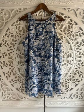 Abercrombie & Fitch Blue Floral Linen Blend Sleeveless Shift Dress LP